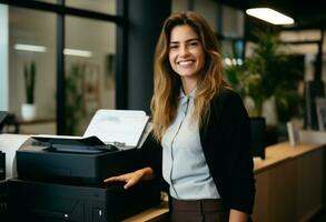 ai generiert Frau glücklich im Büro mit Drucker foto