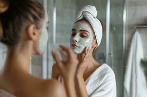 ai generiert Frau bewirbt sich ein Gesicht Maske im das Badezimmer foto