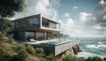 ai generiert Design Haus - - modern Villa mit öffnen planen Leben und Privat Schlafzimmer Flügel. groß Terrasse mit Privatsphäre Und, Schwimmen Schwimmbad. generativ ai. foto