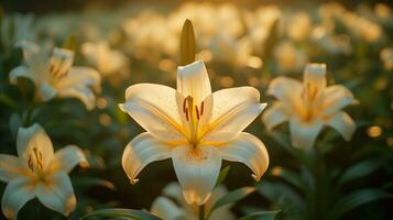 ai generiert golden Stunde glühen auf ein atemberaubend Feld von Weiß Lilien foto