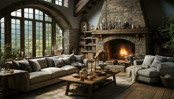 ai generiert gemütlich Winter Leben Zimmer, modern die Architektur, komfortabel Sofa, beleuchtet durch Kamin generiert durch ai foto