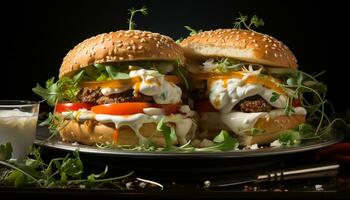 ai generiert gegrillt Gourmet Burger mit frisch Rindfleisch, Käse, und Gemüse generiert durch ai foto