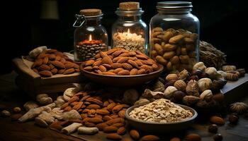 ai generiert ein gesund Snack Mandel, Cashew, Nussbaum, und Haselnuss im ein Schüssel generiert durch ai foto