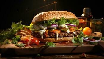 ai generiert gegrillt Rindfleisch Burger auf Ciabatta, frisch Salat, hausgemacht Güte generiert durch ai foto