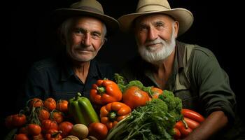 ai generiert lächelnd Senior Männer, gesund Lebensstile, halten frisch Gemüse, suchen beim Kamera generiert durch ai foto