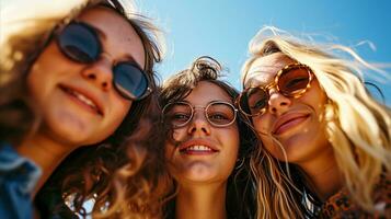 ai generiert drei glücklich freunde genießen ein sonnig Tag draußen tragen Sonnenbrille foto