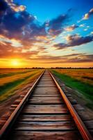 ai generiert Eisenbahn Spuren verschwinden in das Horizont während ein schön Sonnenuntergang, Erstellen ein heiter und malerisch Szene. generativ ai foto