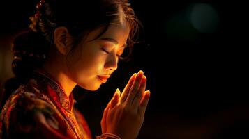 ai generiert still jung Frau im traditionell Kleidung beten friedlich foto
