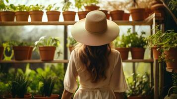 ai generiert ein Frau im ein Hut bewundern Pflanzen im ein Gewächshaus gefüllt mit beschwingt Blumen. foto