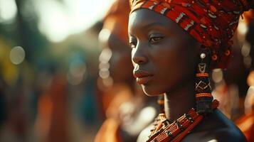 ai generiert ein schön afrikanisch Frau im traditionell Kleidung. generativ ai foto