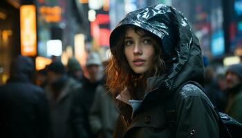 ai generiert jung Frau Gehen im das Regen, Stadt Beleuchtung reflektieren auf nass Straßen generiert durch ai foto
