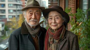 ai generiert elegant Senior Paar im stilvoll Outfits posieren zusammen draußen foto