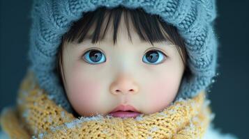 ai generiert Nahansicht von süß Kind im Winter Kleidung mit Schneeflocken foto