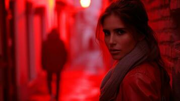 ai generiert mysteriös Frau im Leder Jacke Stehen im ein rot neonbeleuchtet Gasse foto