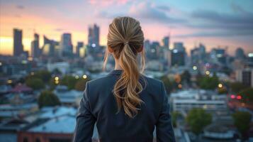 ai generiert ein Frau sieht aus aus über das Stadt beim Nacht. foto