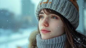 ai generiert Winter Porträt von ein jung Frau genießen das Schneefall foto
