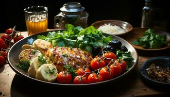 ai generiert gegrillt Fleisch und Gemüse auf ein frisch, gesund Mittagessen Teller generiert durch ai foto