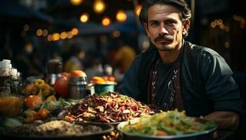 ai generiert ein lächelnd Mann draußen, Kochen frisch Gemüse zum ein gesund Mahlzeit generiert durch ai foto