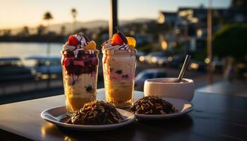 ai generiert nachsichtig Dessert Schokolade Milchshake mit frisch Erdbeeren, ausgepeitscht Sahne generiert durch ai foto