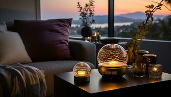 ai generiert gemütlich Leben Zimmer, Kerzenlicht Ambiente, still Glas Vase, komfortabel Sofa generiert durch ai foto