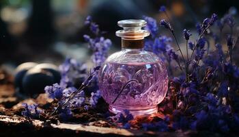 ai generiert lila Blume im Glas Flasche, Aromatherapie Öl zum Entspannung generiert durch ai foto