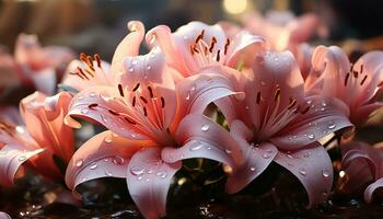 ai generiert Frische und Schönheit im Natur ein schließen oben von ein nass, Rosa Blume generiert durch ai foto