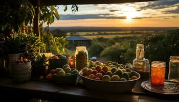 ai generiert frisch organisch Obst auf rustikal hölzern Tabelle beim Sonnenuntergang generiert durch ai foto