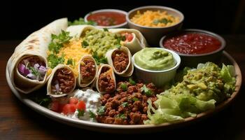 ai generiert gegrillt Rindfleisch Taco mit Guacamole, Tomate, und Koriander auf Tortilla generiert durch ai foto