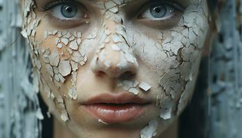 ai generiert jung Frau mit nass Lehm Maske Peeling zum Schönheit Behandlung generiert durch ai foto