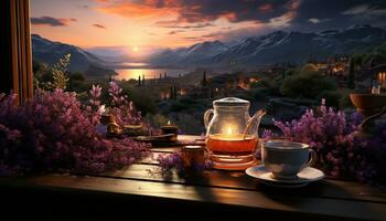 ai generiert Sonnenuntergang Über das Berge, ein lila Blume im ein Vase generiert durch ai foto