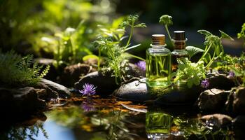 ai generiert Aromatherapie Öl, Kräuter- Medizin, Natur Schönheit im lila generiert durch ai foto