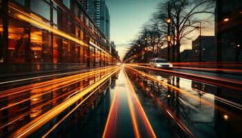 ai generiert Nacht der Verkehr Geschwindigkeiten durch das Stadt, verschwommen Bewegung leuchtet Wolkenkratzer generiert durch ai foto