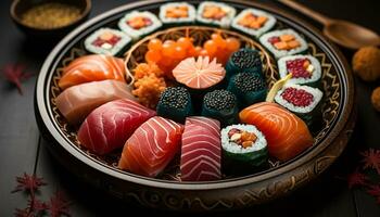 ai generiert frisch Meeresfrüchte Mahlzeit Sushi, sashimi, Nigiri, mit Ingwer und Wasabi generiert durch ai foto