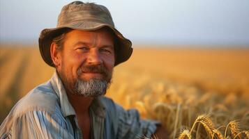 ai generiert ein Alten Farmer Stehen im ein Weizen Feld. generativ ai foto