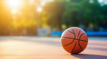 ai generiert Basketball Ball auf Gericht mit Sonne im Hintergrund. generativ ai foto