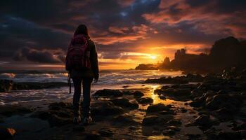 ai generiert einer Person wandern, Rucksack An, erkunden still Berg Landschaft generiert durch ai foto