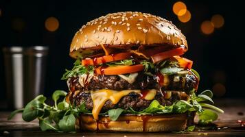 ai generiert ein Hamburger gekrönt mit Speck, Kopfsalat, und Käse auf schwarz Hintergrund, Makro Schuss foto