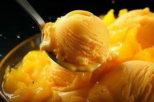 ai generiert ein Scoop von Mango Eis Sahne mit ein frisch Mango Scheibe, glatt Textur, Nahansicht Schuss, foto