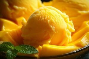 ai generiert ein Scoop von Mango Eis Sahne mit ein frisch Mango Scheibe, glatt Textur, Nahansicht Schuss, foto