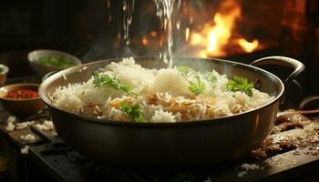 ai generiert gegrillt Fleisch und Reis, ein gesund Gourmet Mahlzeit generiert durch ai foto