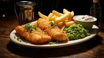 ai generiert knusprig Fisch und Chips auf Weiß Teller mit Zahnstein Soße und Erbsen, Seite Schuss foto