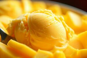 ai generiert ein Scoop von Mango Eis Sahne mit ein frisch Mango Scheibe, glatt Textur, Nahansicht Schuss, foto