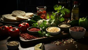 ai generiert frisch Tomate, Gemüse, und Kraut Salat auf rustikal hölzern Tabelle generiert durch ai foto