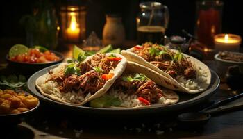 ai generiert gegrillt Rindfleisch Taco auf ein rustikal hölzern Platte, bereit zu Essen generiert durch ai foto