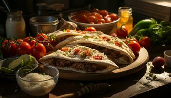 ai generiert Frische auf ein hölzern Teller gegrillt Rindfleisch Taco Mahlzeit generiert durch ai foto