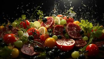 ai generiert frisch, gesund Salat mit reif Tomaten, Gemüse, und Gourmet Oliven generiert durch ai foto