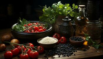ai generiert frisch Tomate Salat auf hölzern Tisch, gesund und organisch generiert durch ai foto