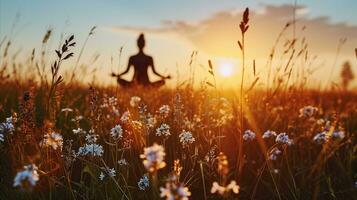 ai generiert Meditation im das Feld von Blumen beim Sonnenuntergang. generativ ai foto