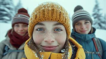 ai generiert drei freunde genießen ein schneebedeckt Winter Tag im warm Hüte und Jacken foto