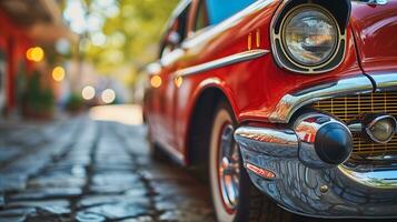 ai generiert ein Antiquität rot Auto geparkt auf ein Kopfsteinpflaster Straße, präsentieren das Charme von ein vorbei Epoche. generativ ai foto